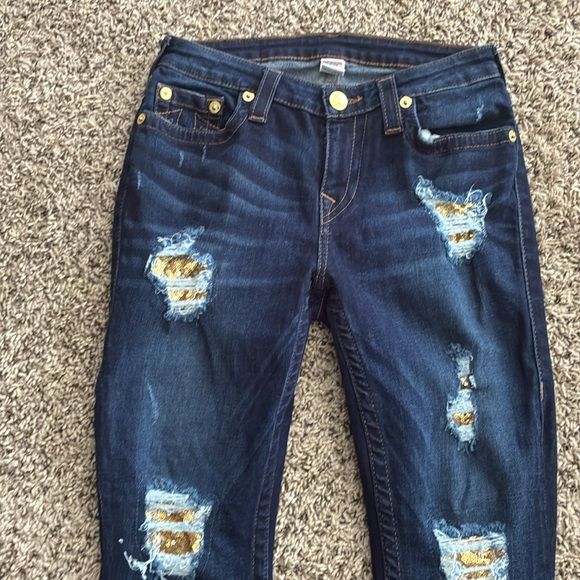 True Religion Jeans Skinny Gold Sequins Distressed SZ 29 Y2K - Picture 2 of 12